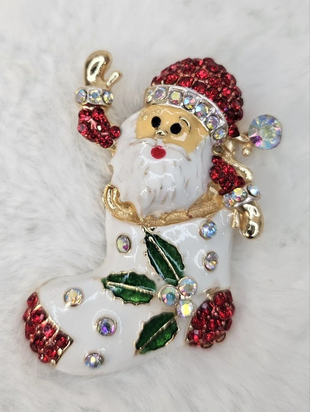 Festive Santa in Stocking Brooch - Red, White, Green